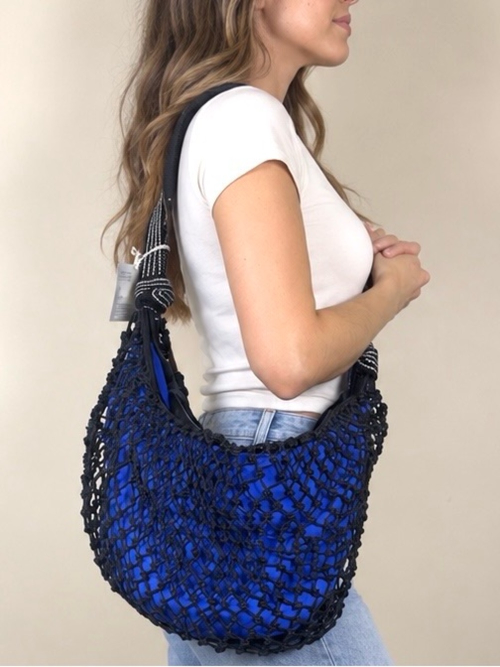 Free People Silver Springs Sling Bag Net Crochet Leather in Blue/Black